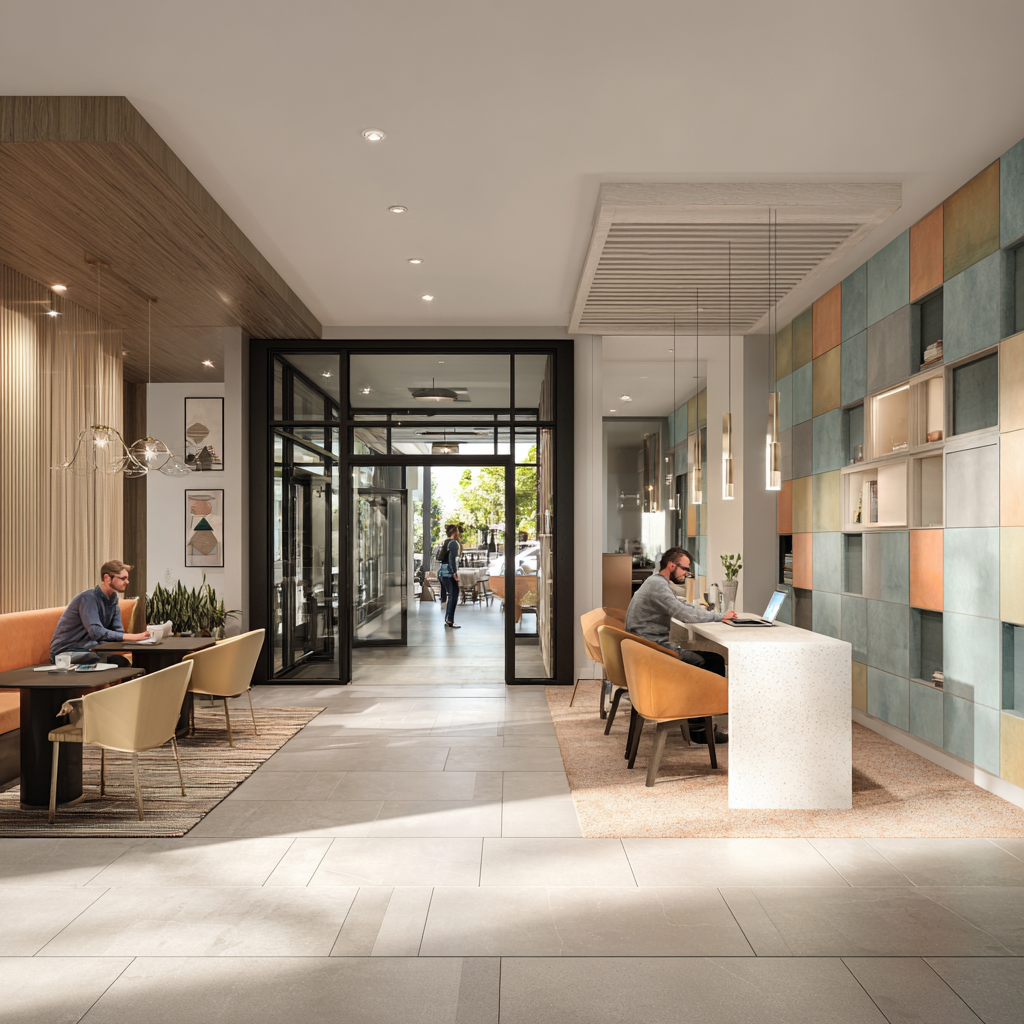 Boutique Lobby with tenant work from home work areas